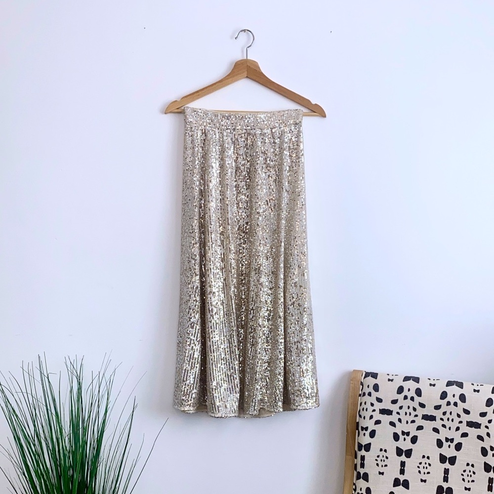 Silver Sequined High Waisted Midi Skirt